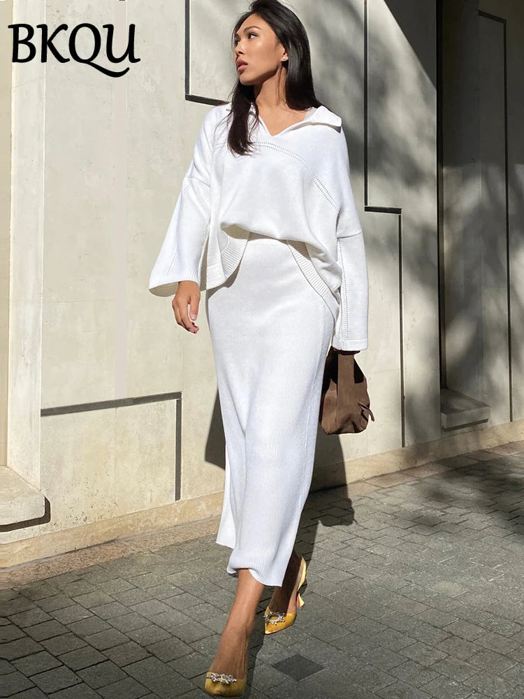 BKQU – Elegante conjunto de punto de 2 piezas para mujer, jersey holgado con cuello en V y falda larga, ideal para fiestas y ocasiones especiales de otoño e invierno