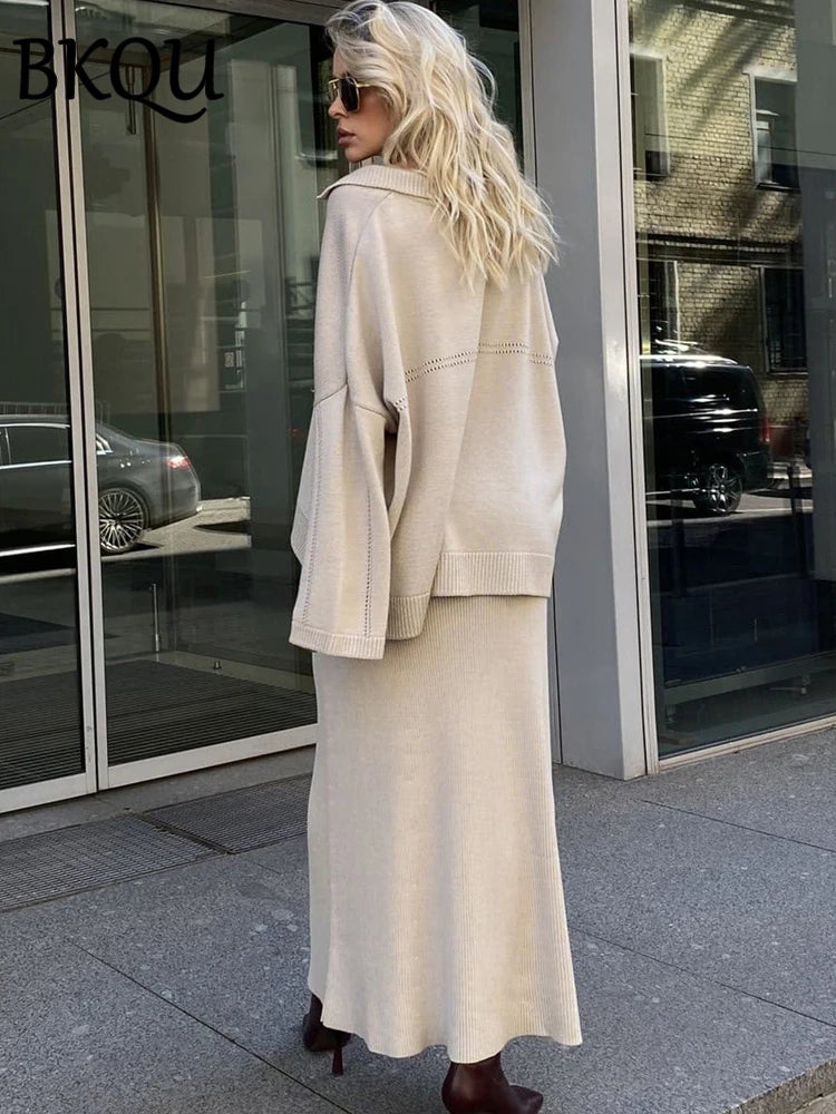BKQU – Elegante conjunto de punto de 2 piezas para mujer, jersey holgado con cuello en V y falda larga, ideal para fiestas y ocasiones especiales de otoño e invierno