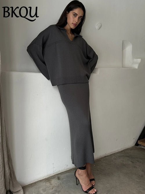 BKQU – Elegante conjunto de punto de 2 piezas para mujer, jersey holgado con cuello en V y falda larga, ideal para fiestas y ocasiones especiales de otoño e invierno