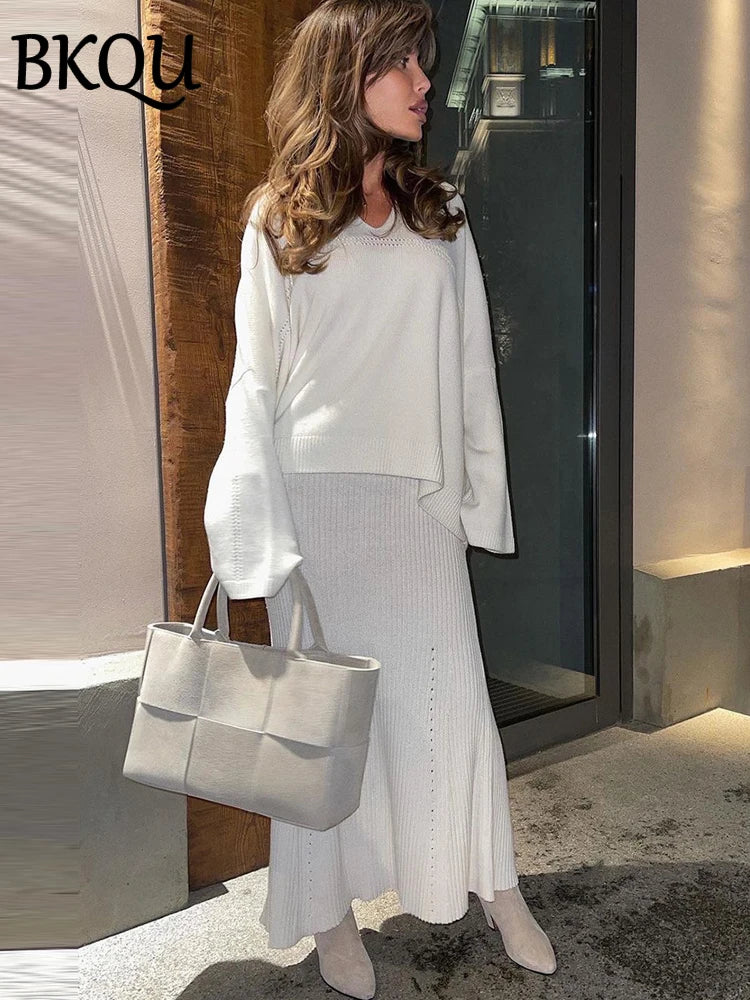 BKQU – Elegante conjunto de punto de 2 piezas para mujer, jersey holgado con cuello en V y falda larga, ideal para fiestas y ocasiones especiales de otoño e invierno