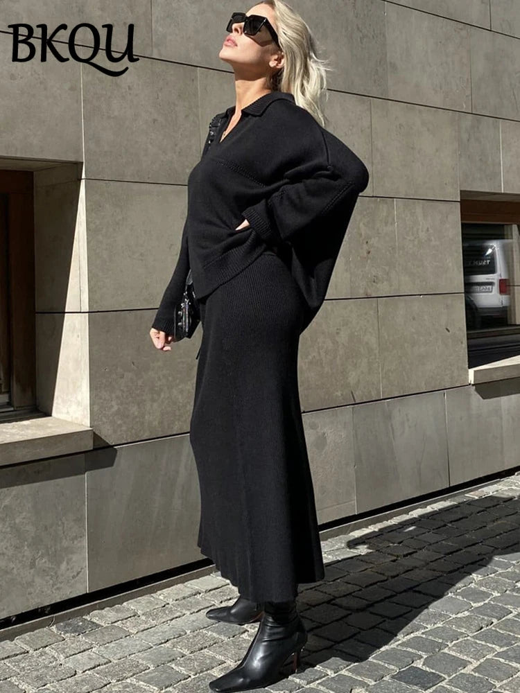 BKQU – Elegante conjunto de punto de 2 piezas para mujer, jersey holgado con cuello en V y falda larga, ideal para fiestas y ocasiones especiales de otoño e invierno
