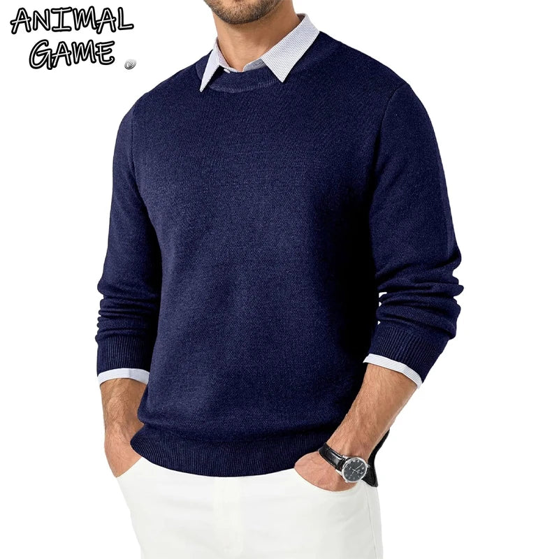 Animal Game Men’s Classic Wool-Blend Knit Sweater, Crew Neck Casual Pullover, Soft Warm Autumn & Winter Streetwear